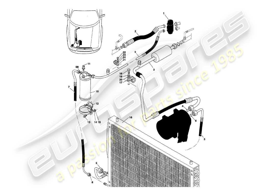aston martin v8 volante (1997) diagrama de piezas de instalación del compartimento del motor