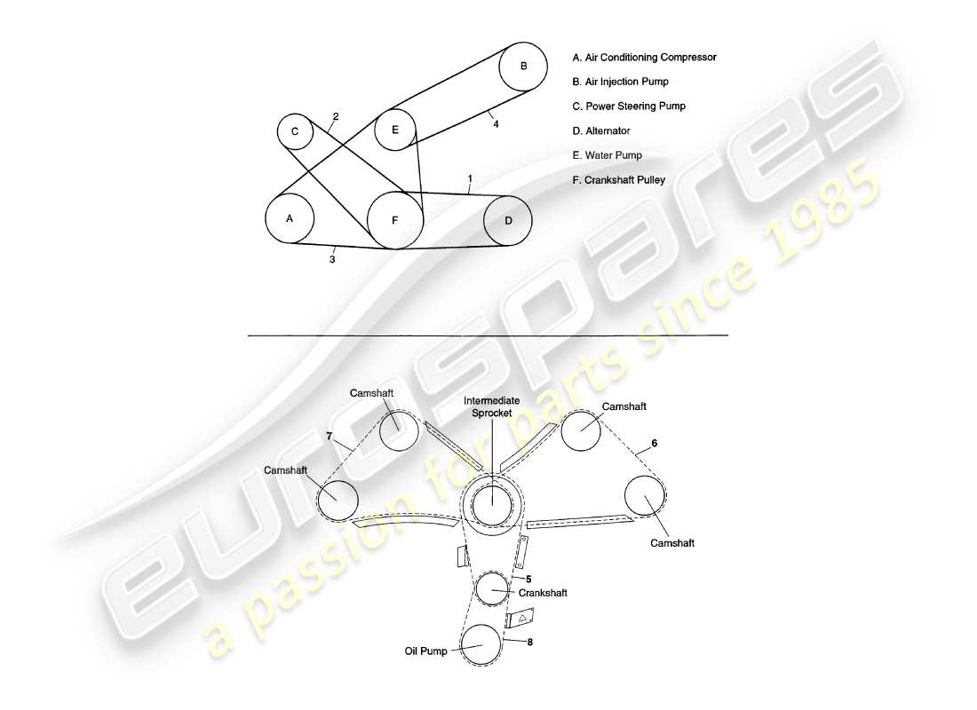 aston martin v8 volante (1998) diagrama de piezas de correas y cadenas