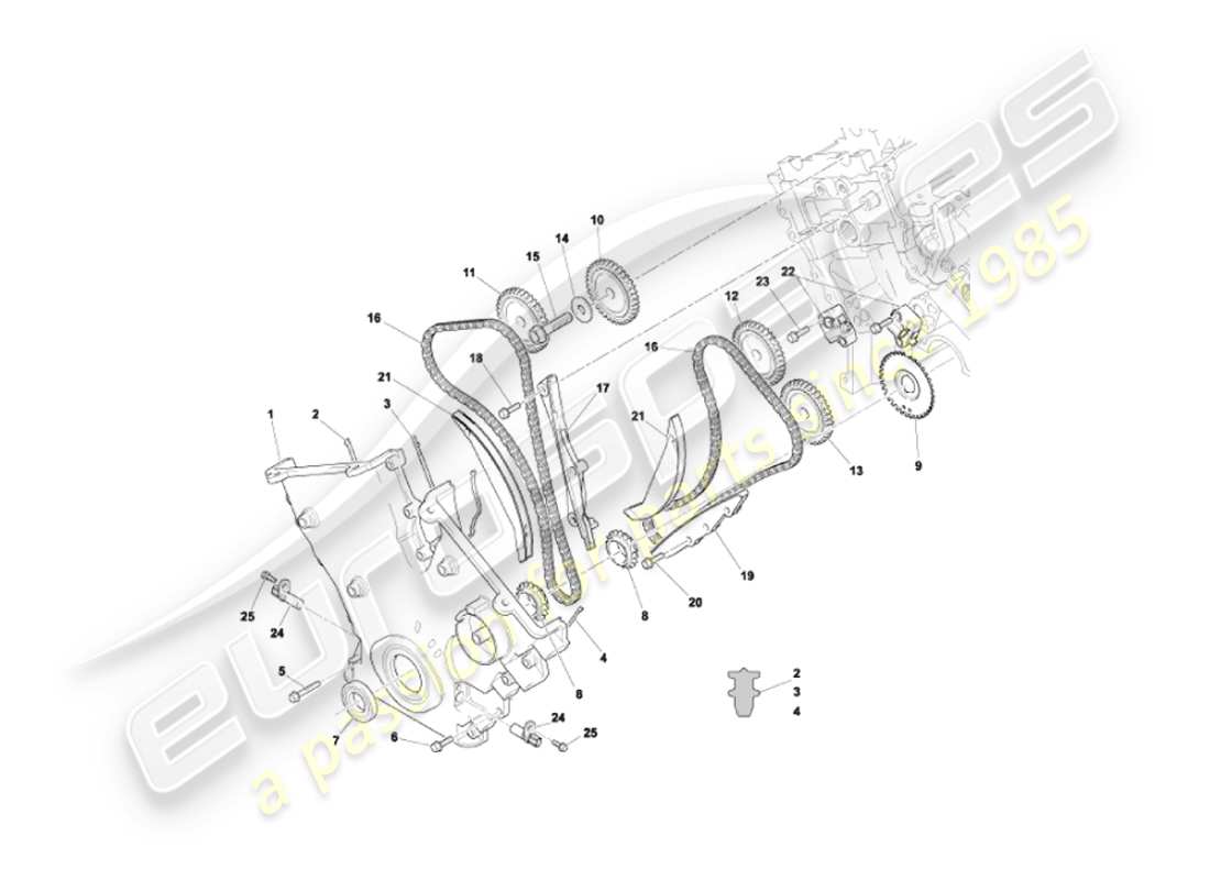 aston martin vanquish (2005) diagrama de piezas de cubierta frontal, cadenas y piñones