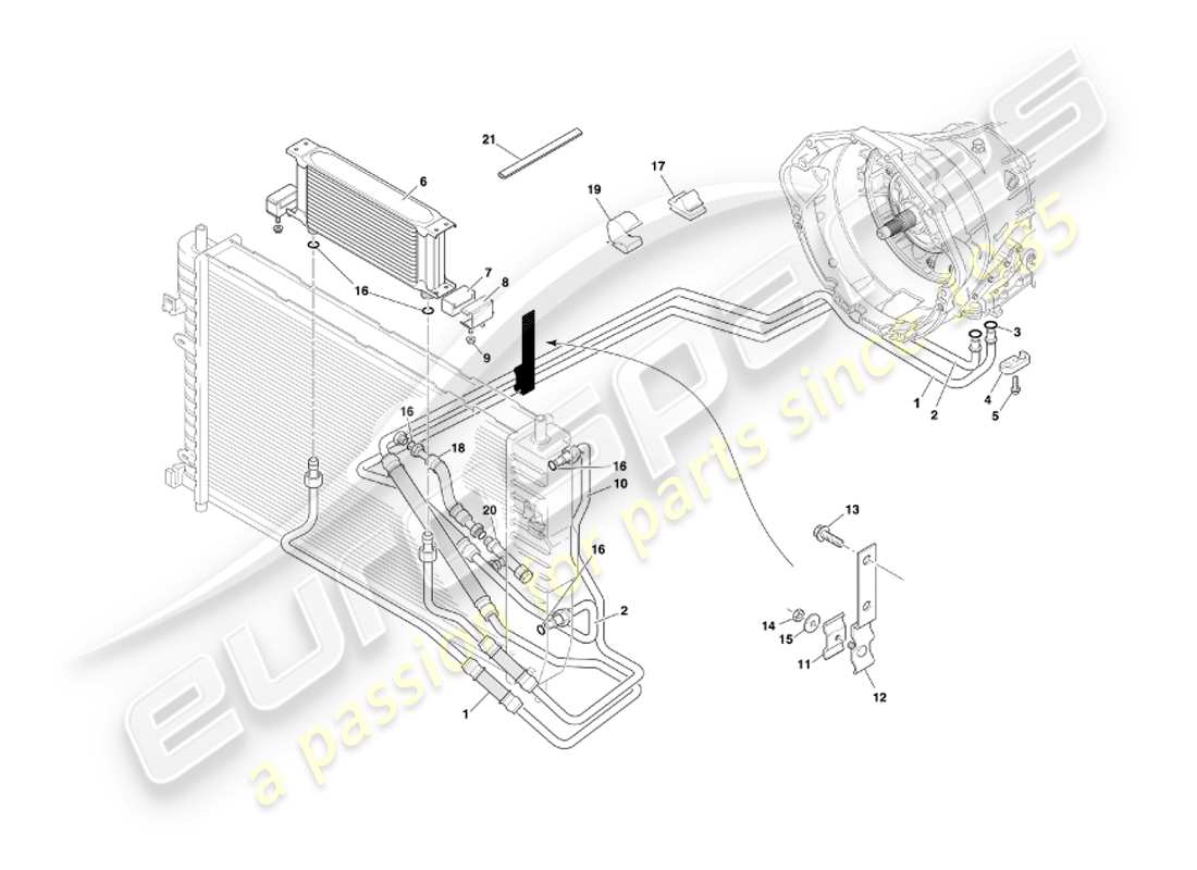 aston martin db7 vantage (2004) transmisión automática, diagrama de piezas de refrigeración de la caja de cambios