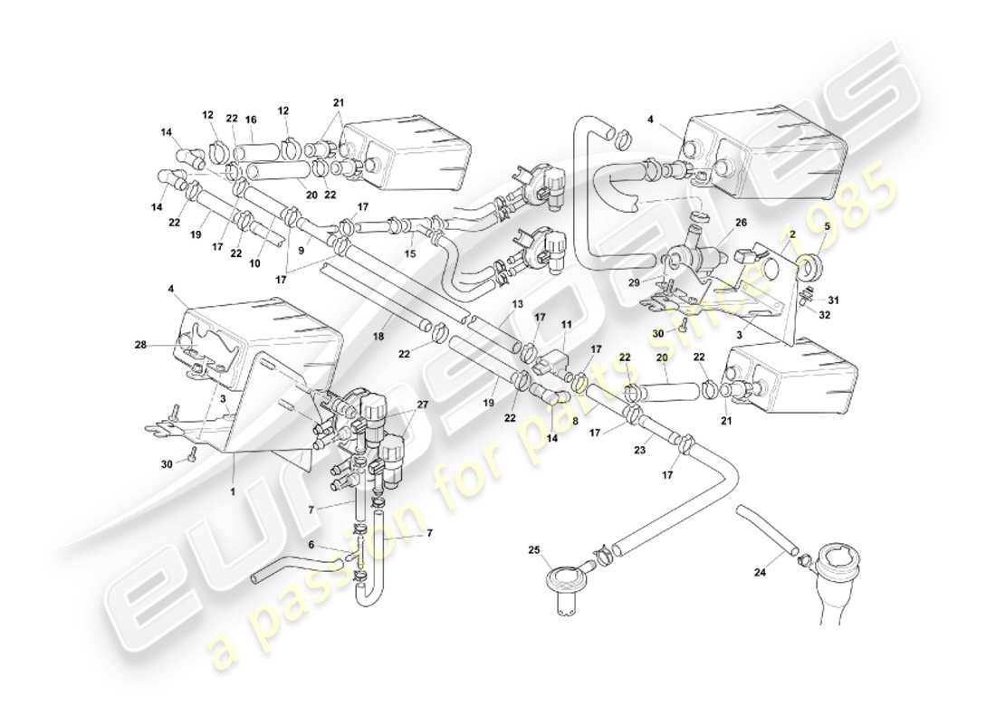 aston martin db7 vantage (2004) sistema de emisión evaporativa, diagrama de piezas del derecho de vía