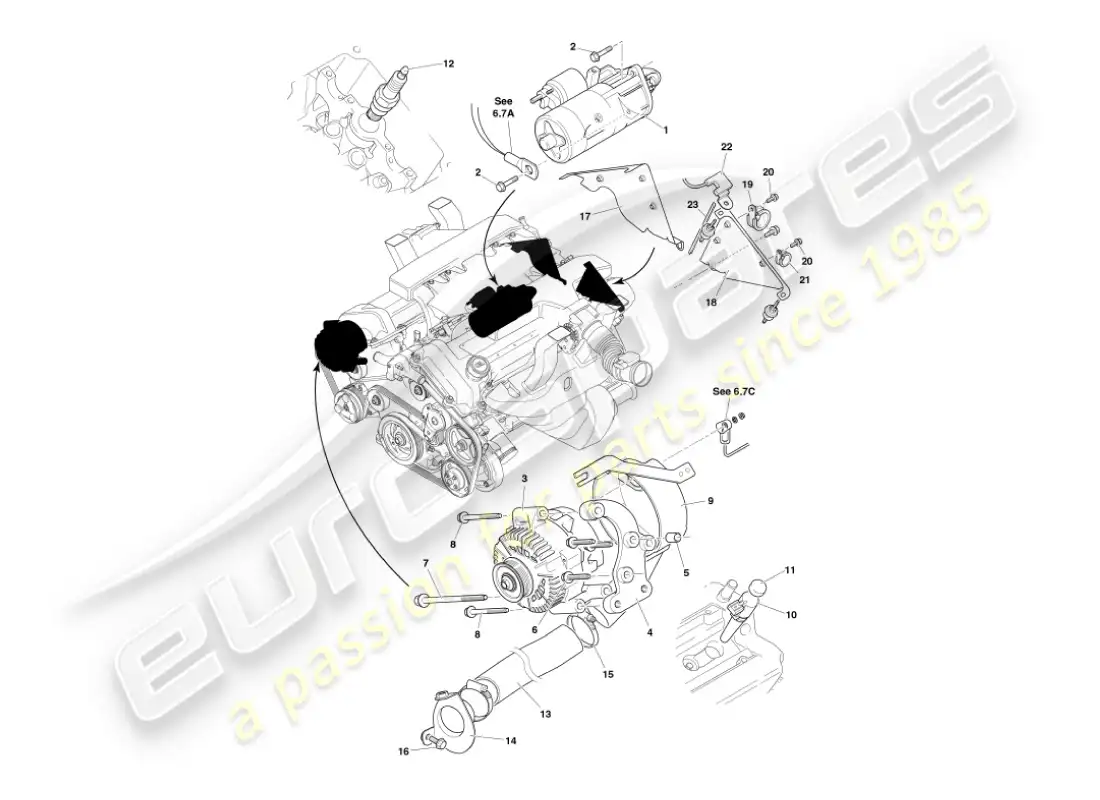 aston martin vanquish (2005) componentes eléctricos del motor diagrama de piezas