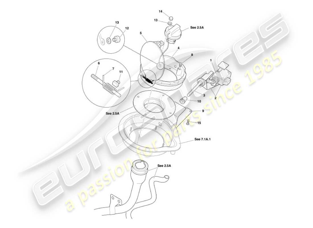 aston martin vanquish (2002) diagrama de piezas del mecanismo de trampilla de combustible
