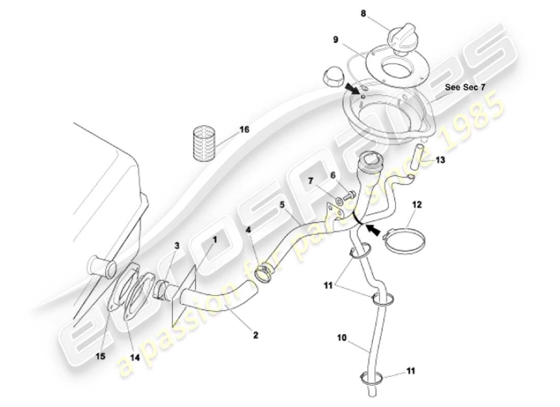 aston martin vanquish (2001) tubo de llenado de combustible diagrama de piezas