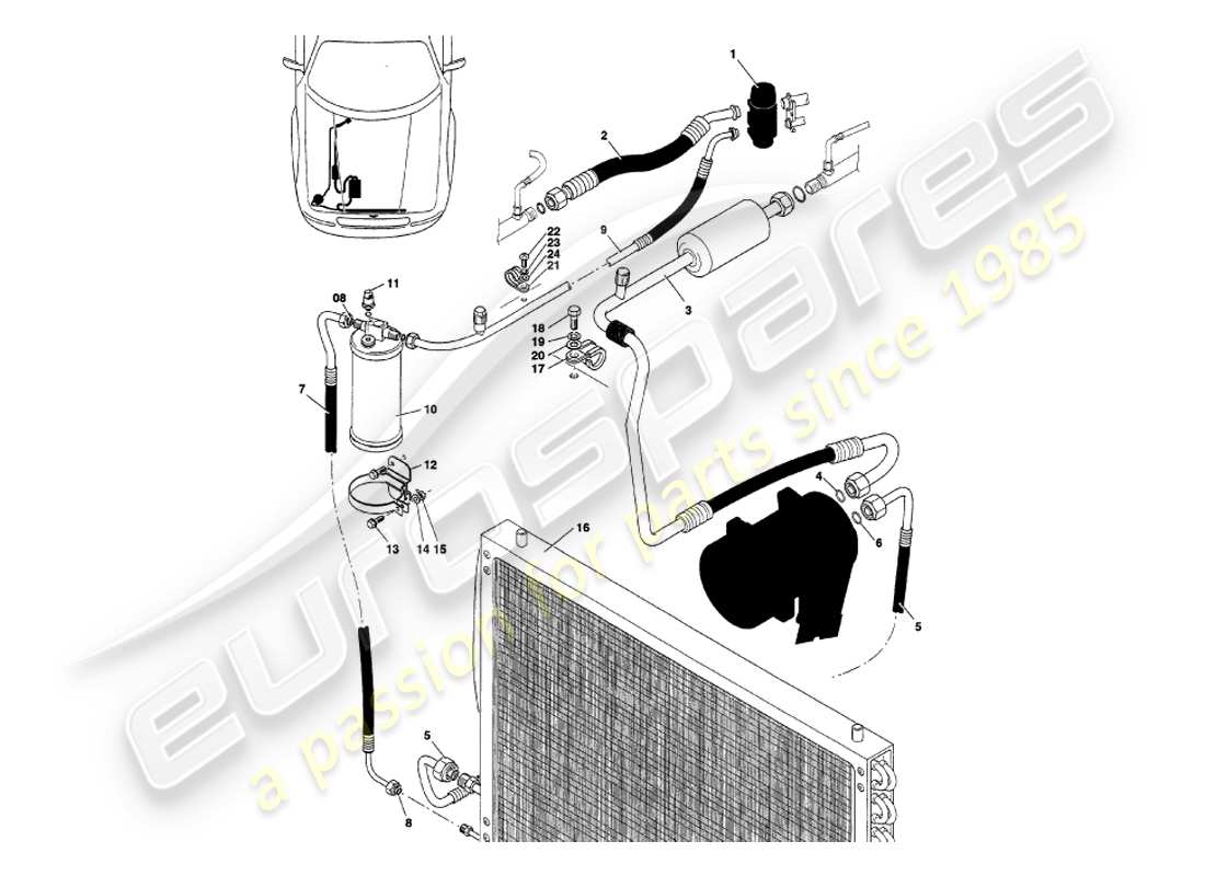 aston martin v8 volante (1998) diagrama de piezas de instalación del compartimento del motor