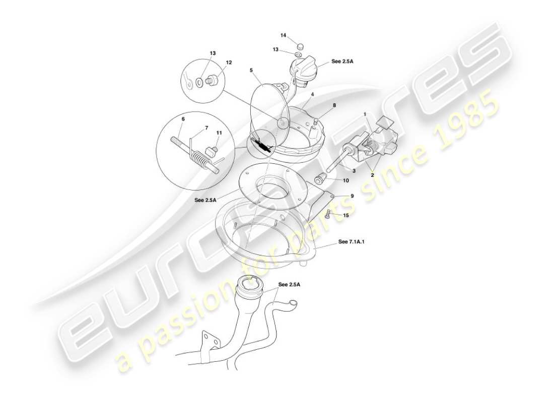 aston martin vanquish (2006) diagrama de piezas del mecanismo de trampilla de combustible