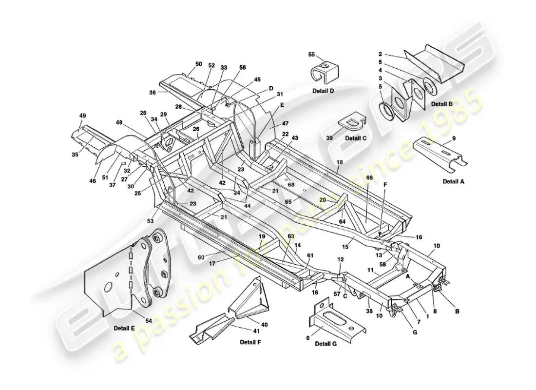 aston martin v8 volante (1998) marco del chasis diagrama de piezas