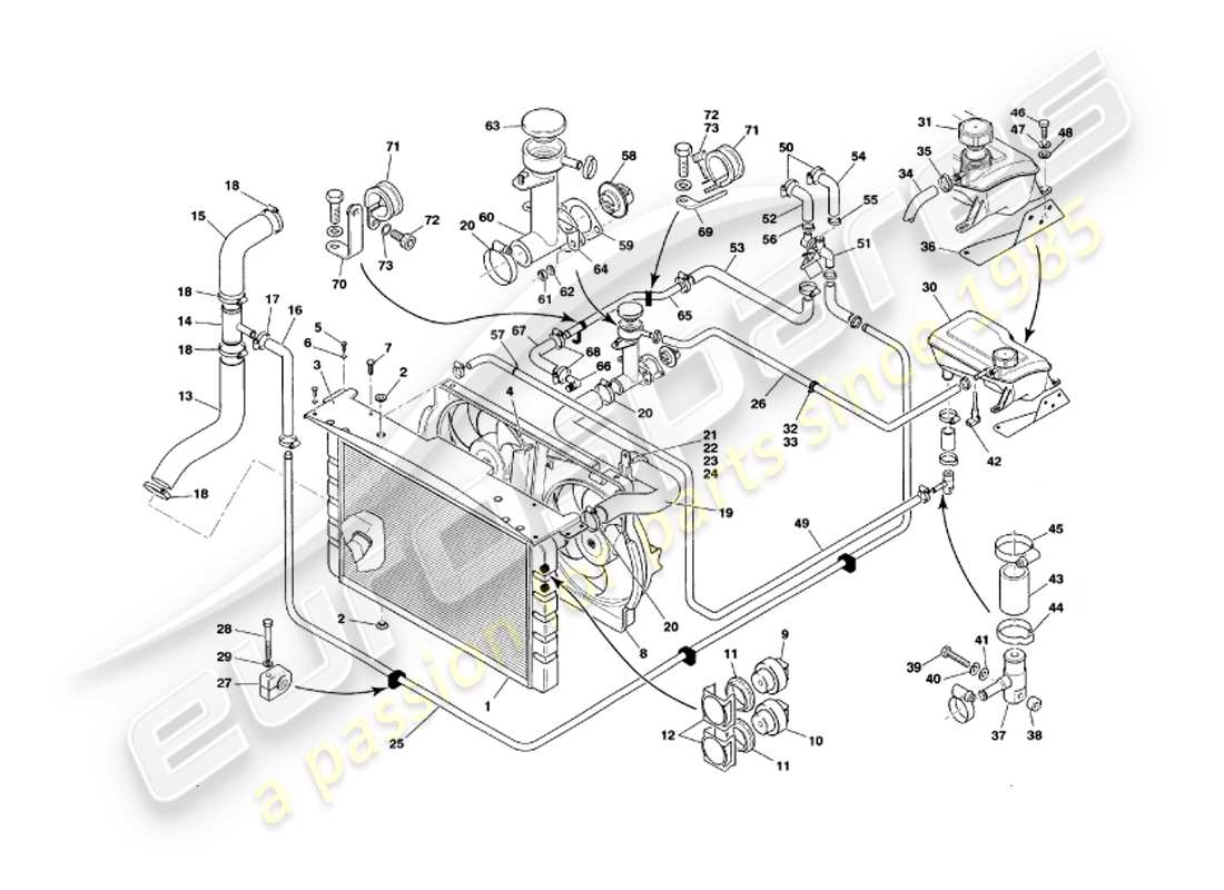 aston martin v8 volante (1998) diagrama de piezas del sistema de refrigeración por agua
