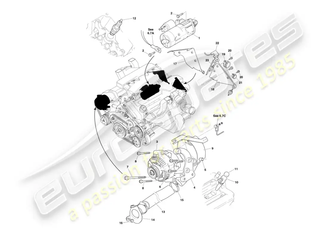 aston martin vanquish (2002) componentes eléctricos del motor diagrama de piezas