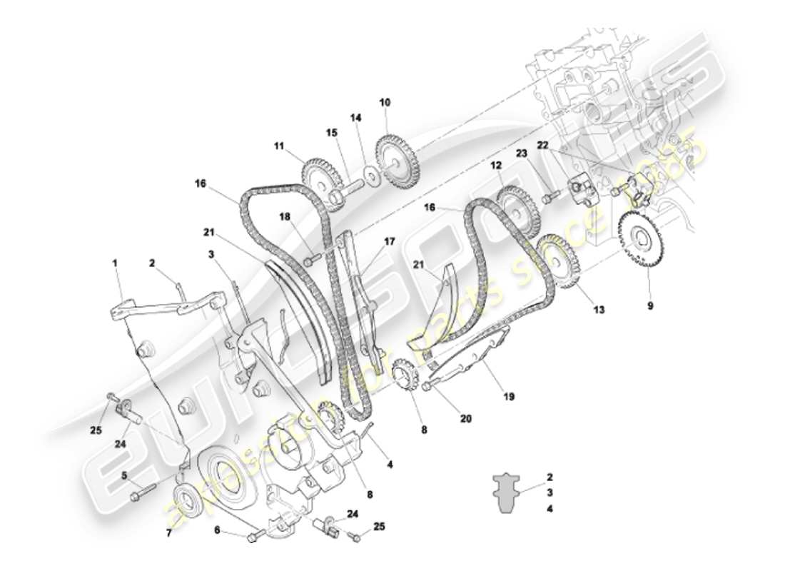 aston martin vanquish (2002) diagrama de piezas de cubierta frontal, cadenas y piñones