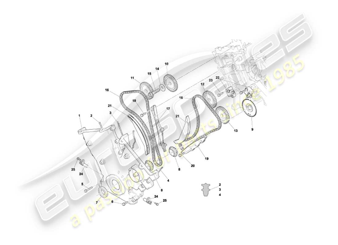 aston martin vanquish (2004) diagrama de piezas de cubierta frontal, cadenas y piñones