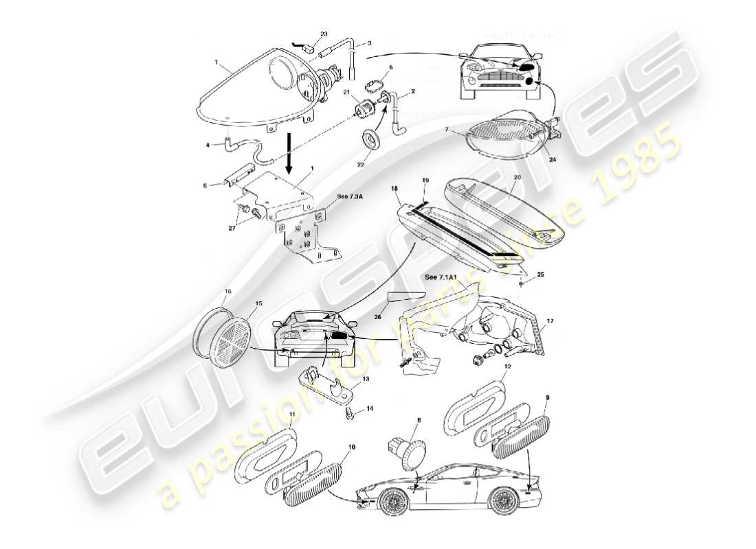 aston martin vanquish (2002) lámparas exteriores diagrama de piezas