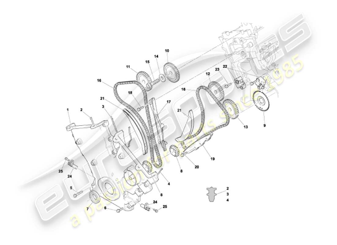 aston martin vanquish (2003) diagrama de piezas de cubierta frontal, cadenas y piñones