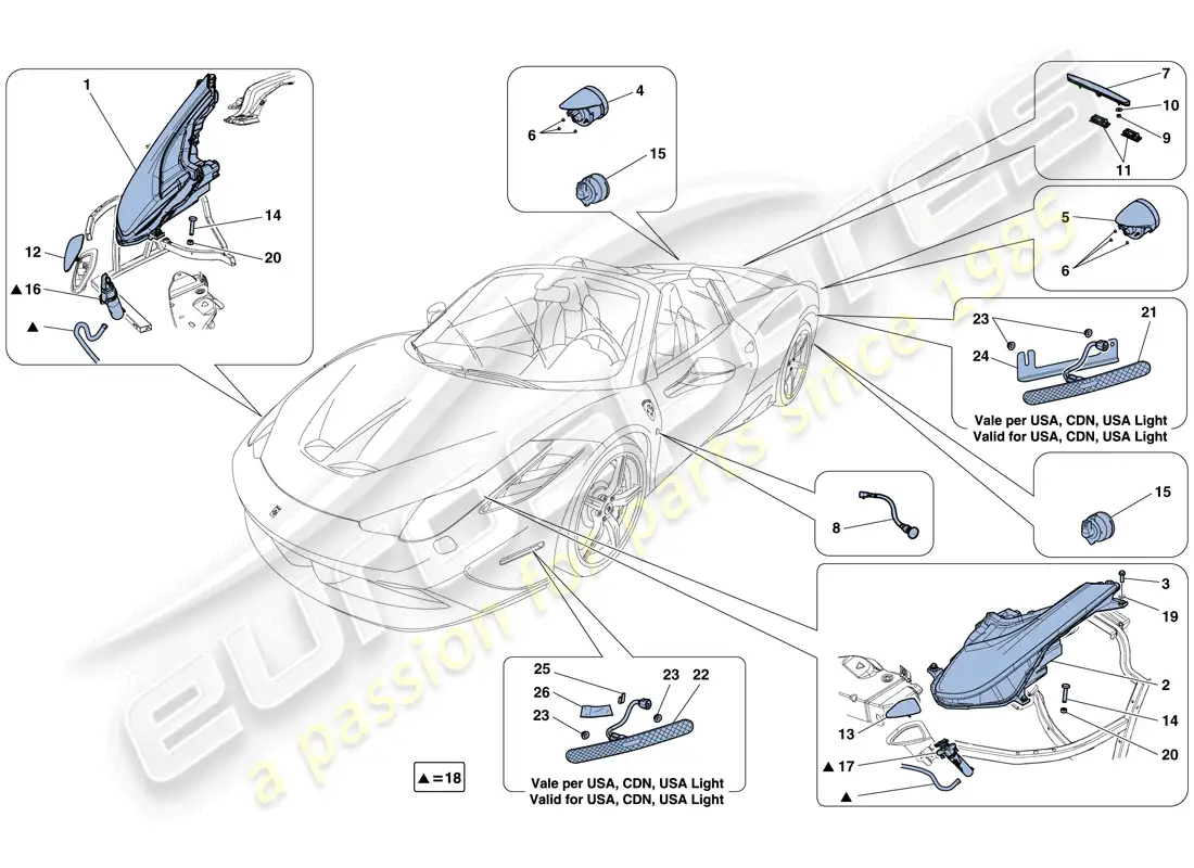 ferrari 458 speciale aperta (rhd) faros y luces traseras diagrama de piezas