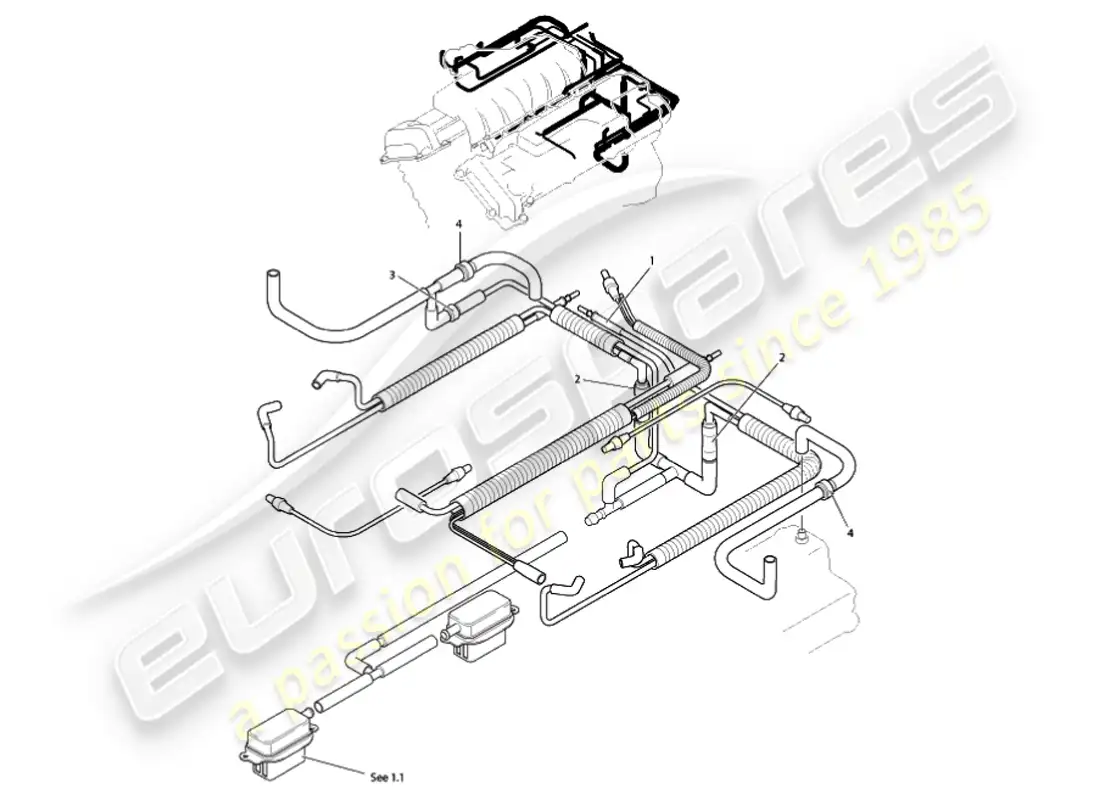 aston martin vanquish (2001) sistema de vacío, diagrama de piezas del motor