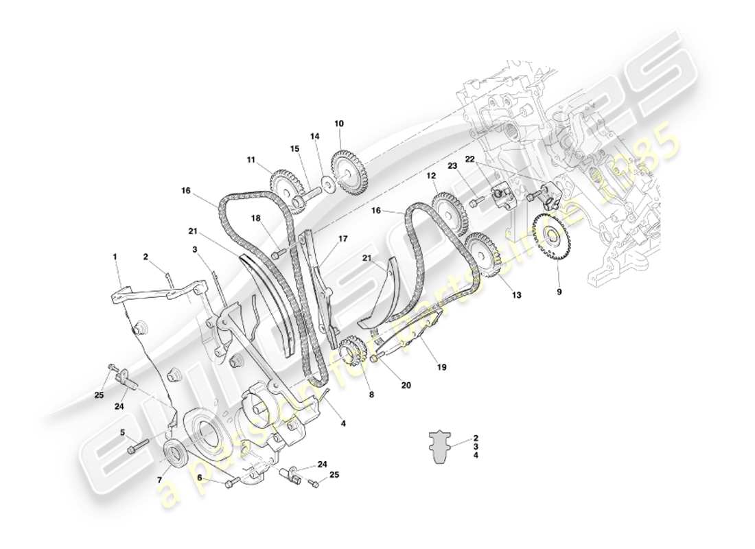 aston martin db7 vantage (2002) diagrama de piezas de caja de distribución, bomba de agua y ruedas dentadas