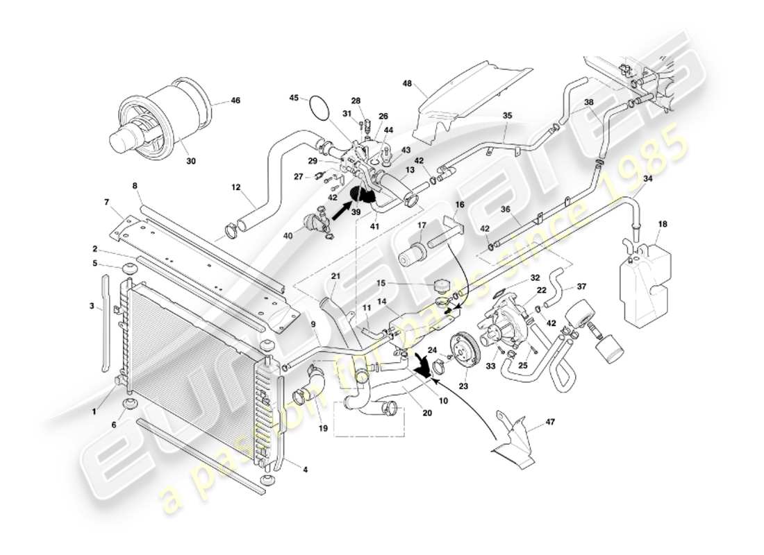 aston martin db7 vantage (2002) diagrama de piezas del sistema de refrigeración por agua