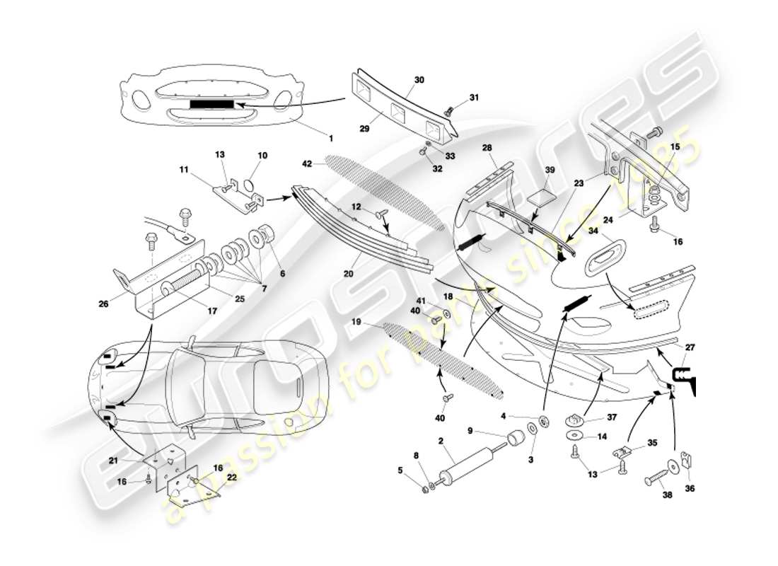 aston martin db7 vantage (2002) diagrama de piezas del parachoques delantero y faldón