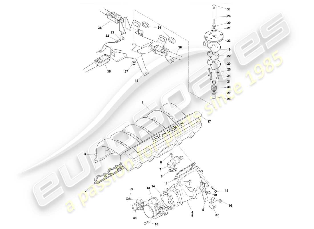 aston martin db7 vantage (2002) diagrama de piezas de colectores de admisión y aceleradores