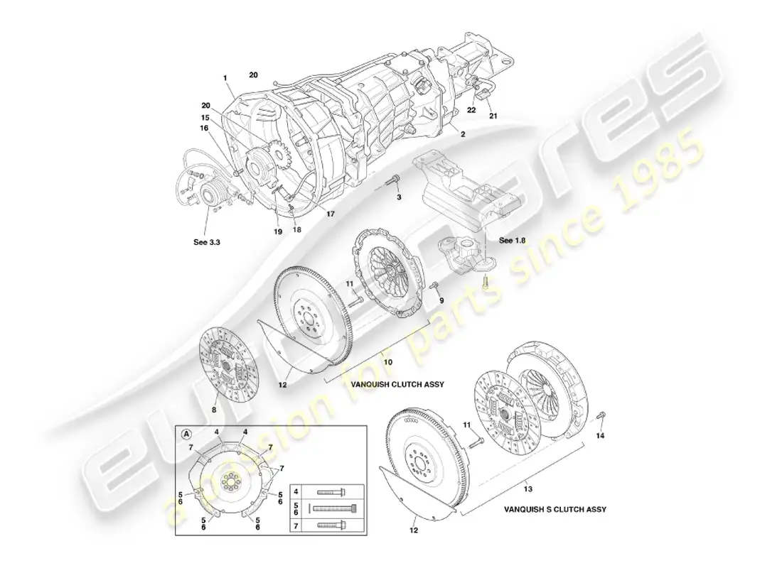 aston martin vanquish (2007) diagrama de piezas de caja de cambios y embrague asm
