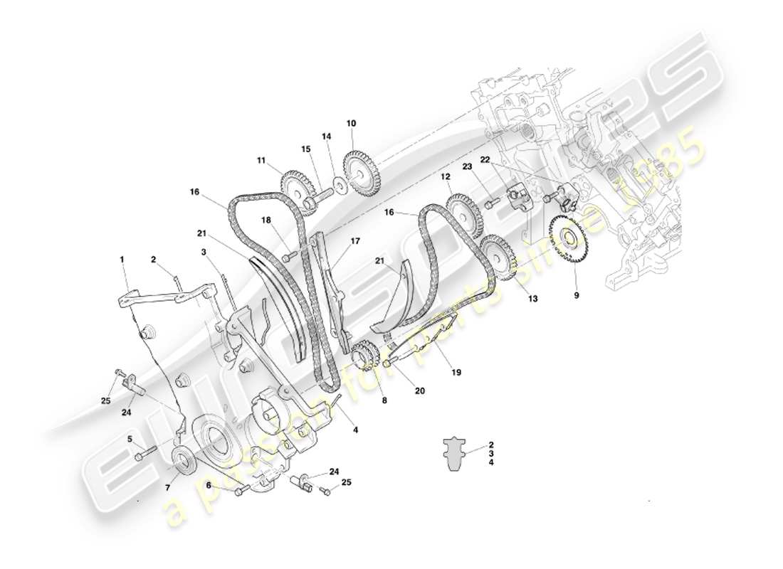aston martin db7 vantage (2004) diagrama de piezas de caja de distribución, bomba de agua y ruedas dentadas