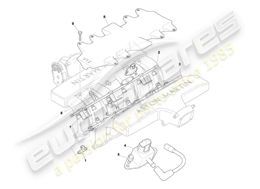 aston martin vanquish (2007) diagrama de piezas de inyectores y rieles de combustible
