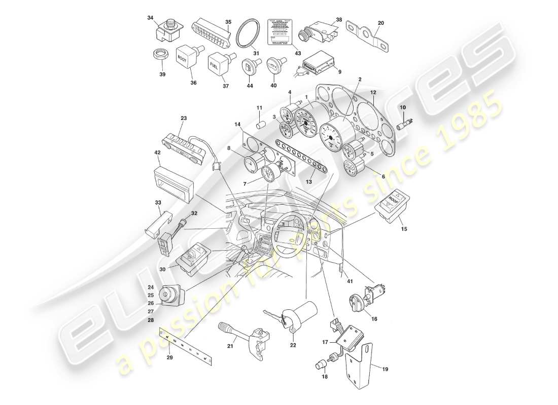 aston martin v8 virage (1999) instrumentos y controles diagrama de piezas