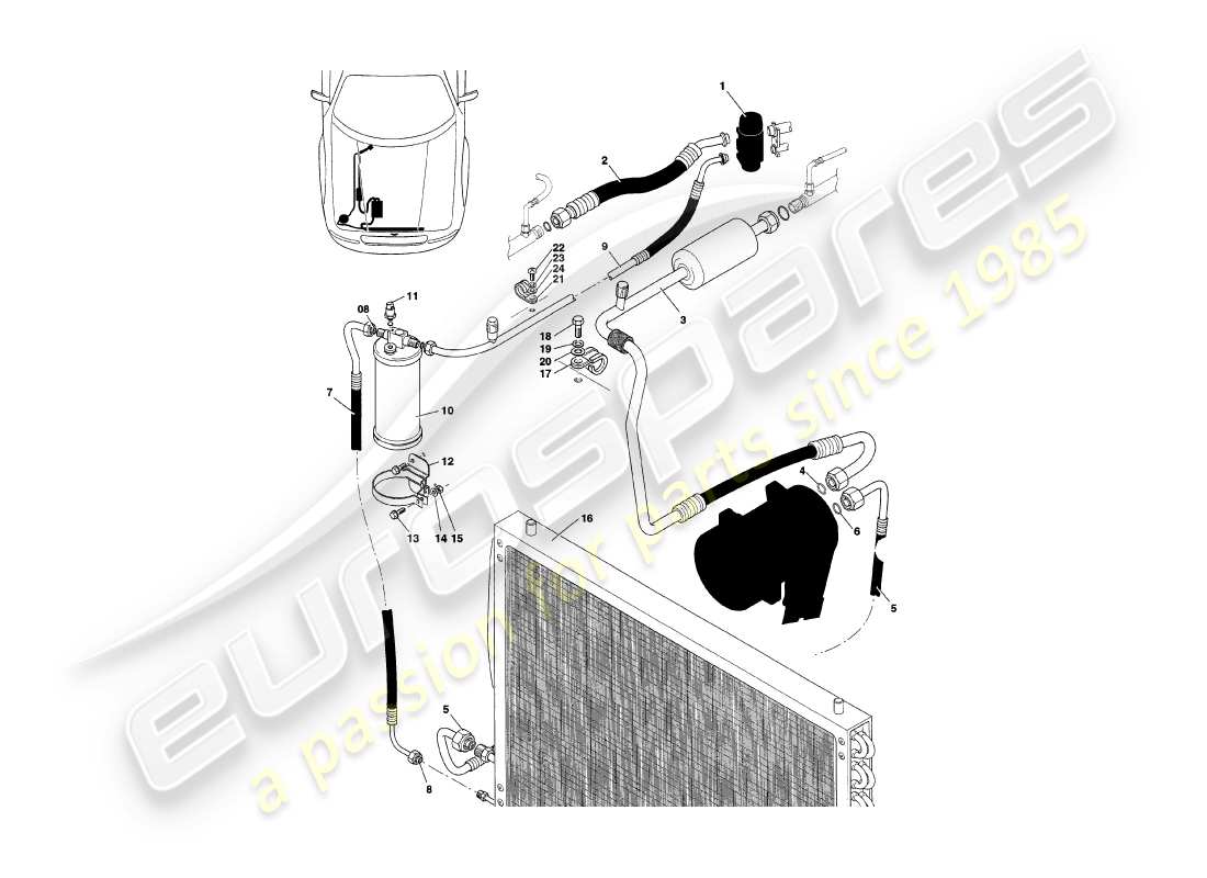 aston martin v8 coupe (1999) diagrama de piezas de instalación del compartimento del motor