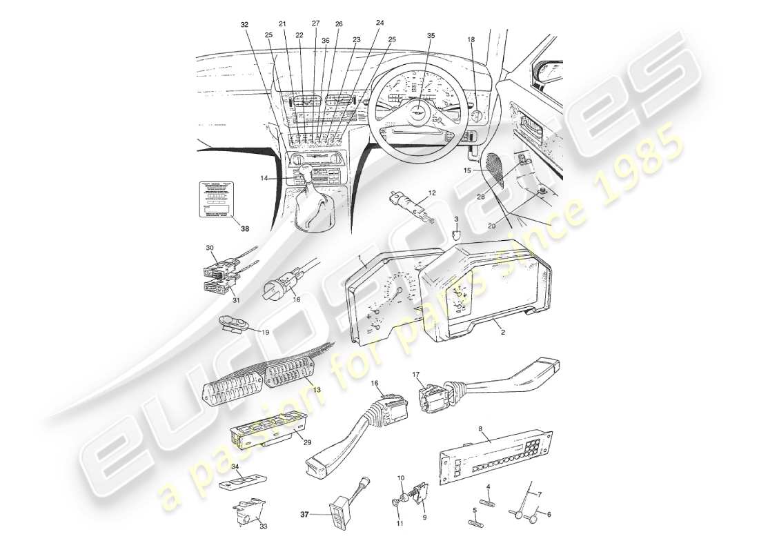 aston martin v8 virage (1999) instrumentos y controles diagrama de piezas