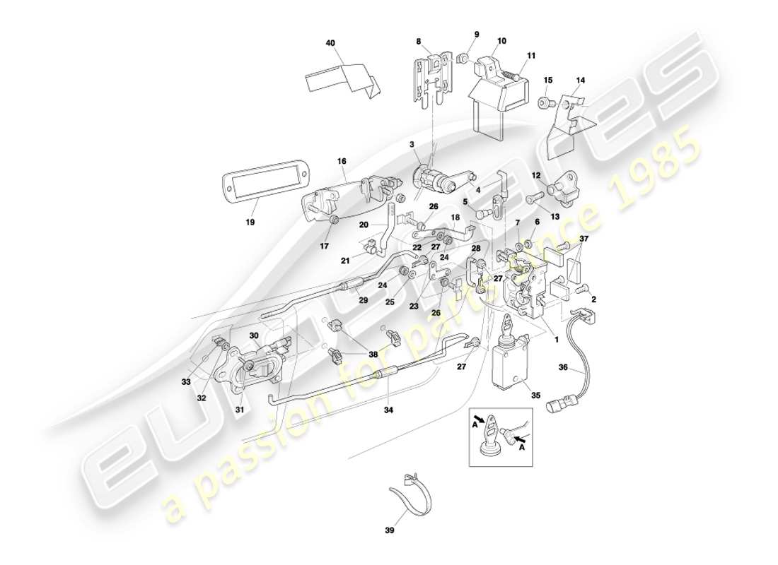 aston martin db7 vantage (2004) diagrama de piezas del mecanismo de pestillo de puerta