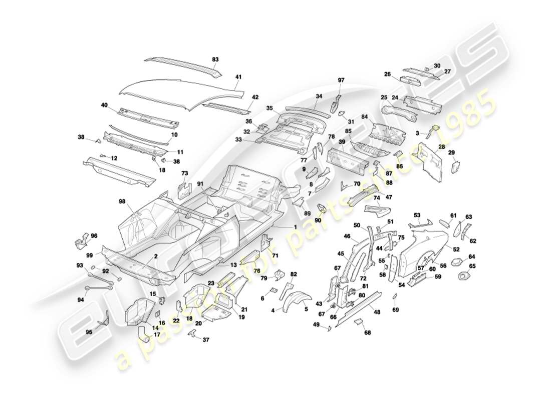 aston martin db7 vantage (2004) paneles de carrocería, diagrama de piezas del cupé
