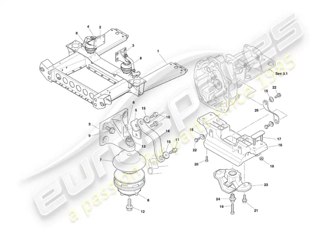 aston martin vanquish (2007) diagrama de piezas de soportes del motor