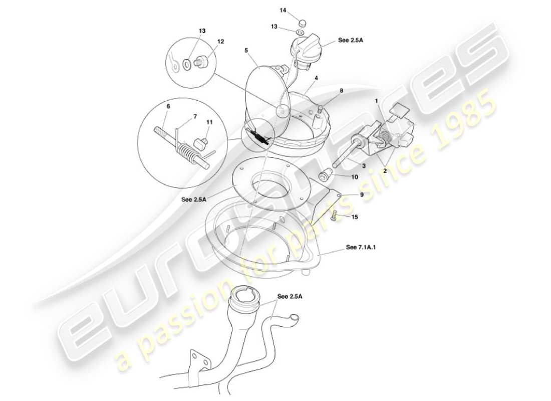 aston martin vanquish (2007) mecanismo de trampilla de combustible diagrama de piezas