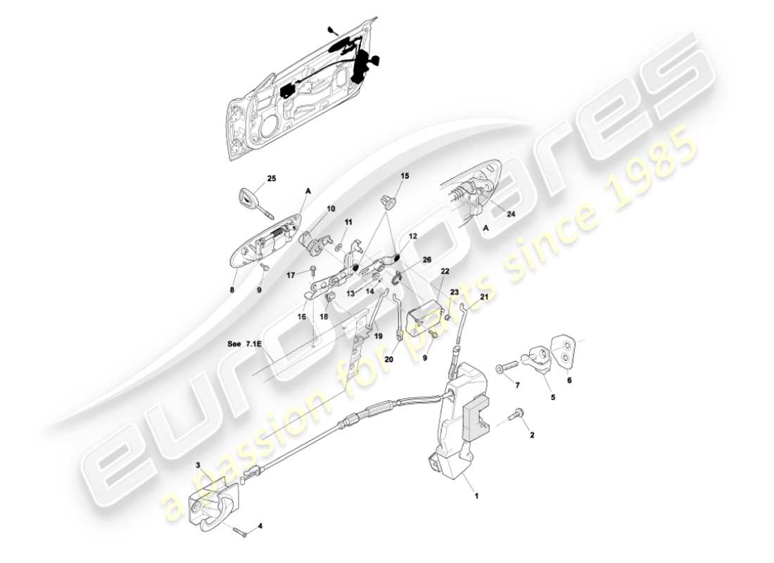 aston martin vanquish (2007) mecanismo de pestillo de puerta diagrama de piezas