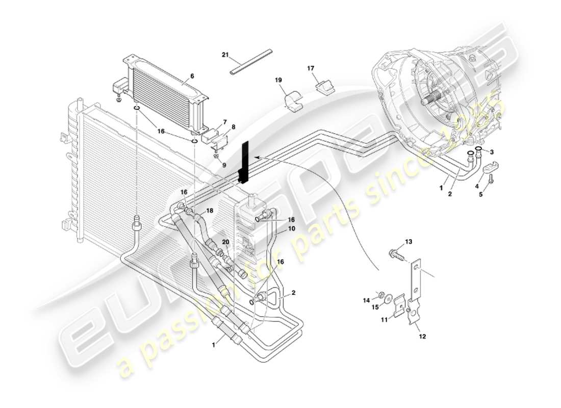 aston martin db7 vantage (2002) transmisión automática, diagrama de piezas de refrigeración de la caja de cambios