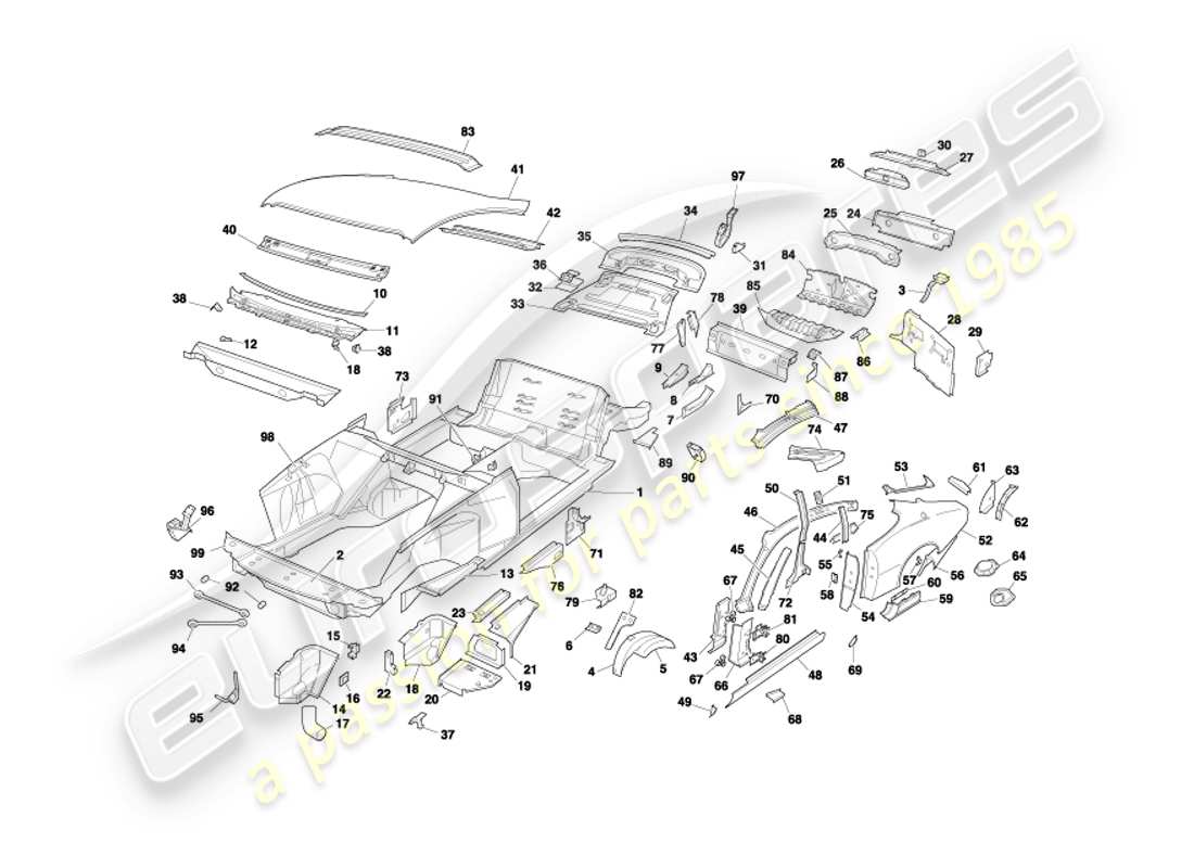 aston martin db7 vantage (2003) paneles de carrocería, diagrama de piezas del cupé
