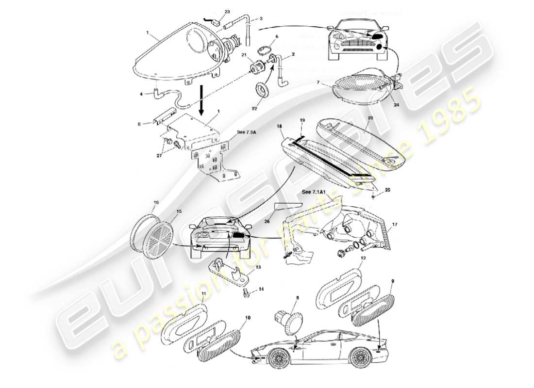 aston martin vanquish (2007) lámparas exteriores diagrama de piezas