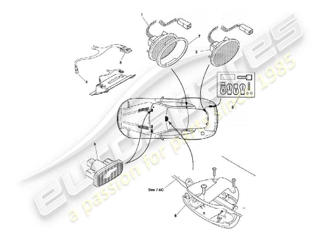 aston martin vanquish (2007) lámparas y bombillas interiores diagrama de piezas