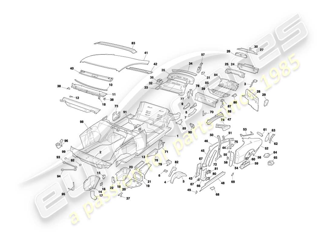 aston martin db7 vantage (2000) paneles de carrocería, diagrama de piezas del cupé