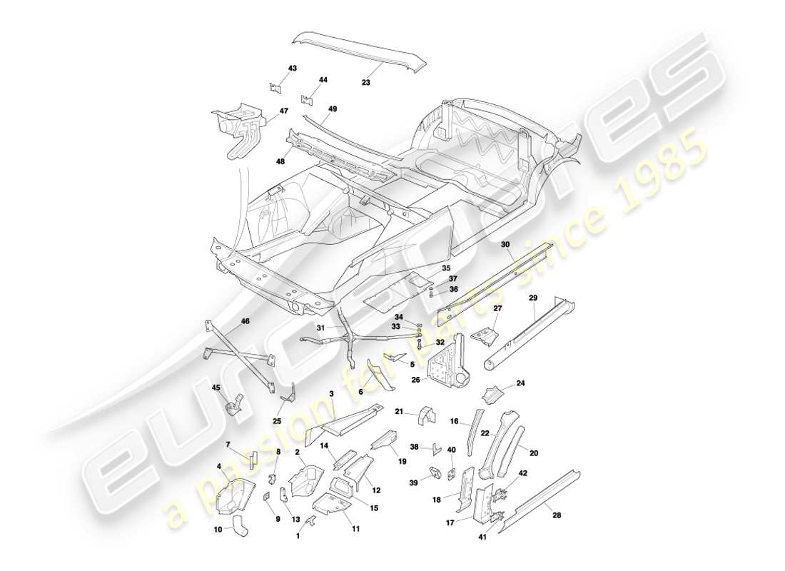 aston martin db7 vantage (2000) paneles frontales, diagrama de piezas de volante