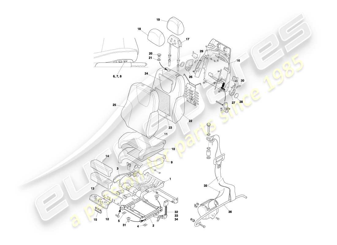 aston martin db7 vantage (2000) diagrama de piezas de asientos delanteros y cinturones