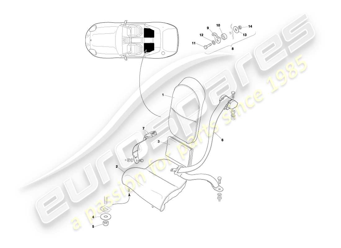 aston martin db7 vantage (2000) diagrama de piezas de asientos y cinturones traseros