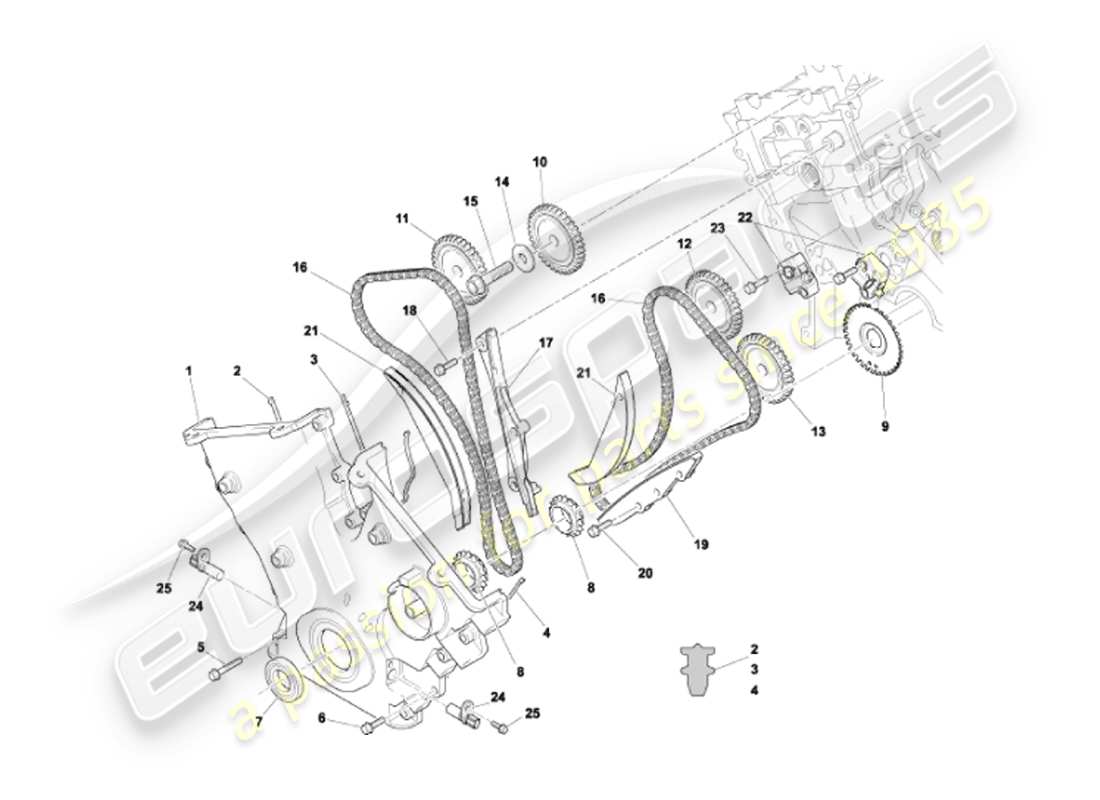 aston martin vanquish (2007) diagrama de piezas de cubierta frontal, cadenas y piñones