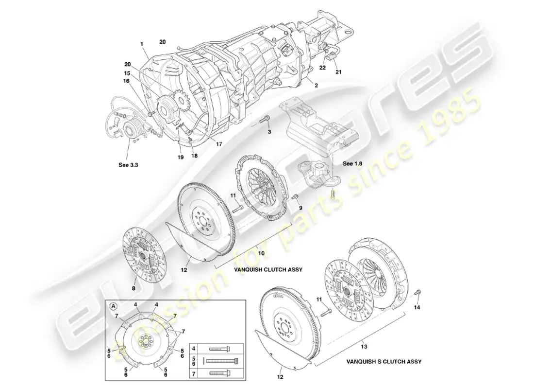 aston martin vanquish (2001) diagrama de piezas de caja de cambios y embrague asm
