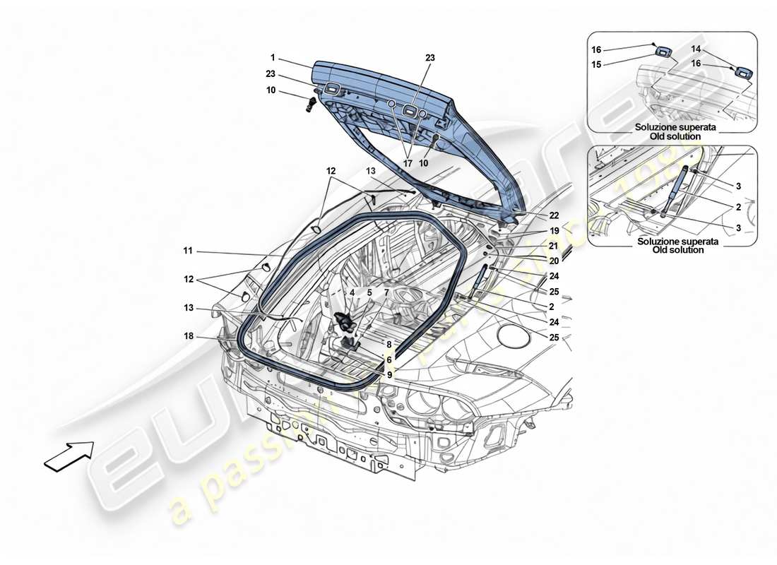 ferrari 812 superfast tapa trasera y mecanismo de apertura diagrama de piezas