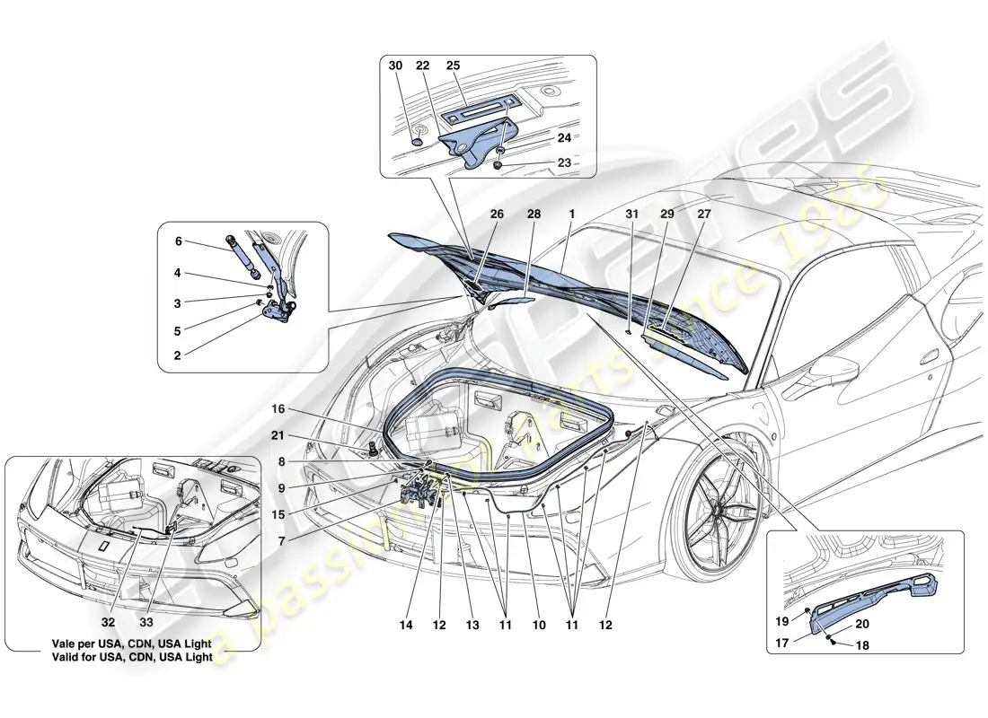 ferrari 488 spider (rhd) tapa frontal y mecanismo de apertura diagrama de piezas