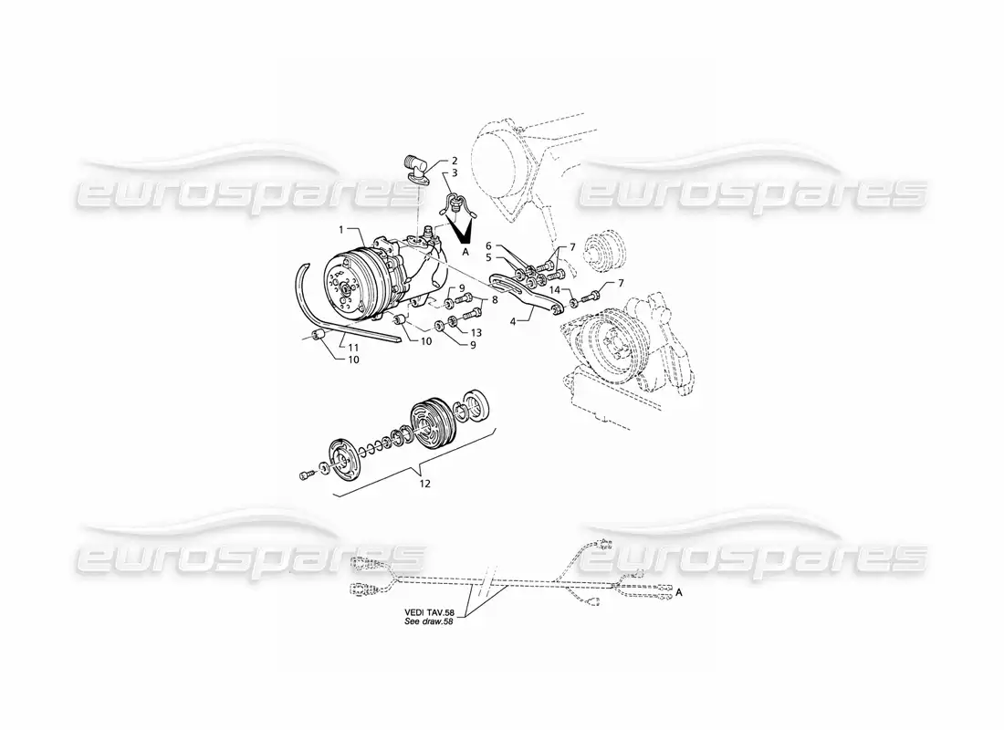 maserati qtp v8 (1998) diagrama de piezas del compresor de aire y soportes