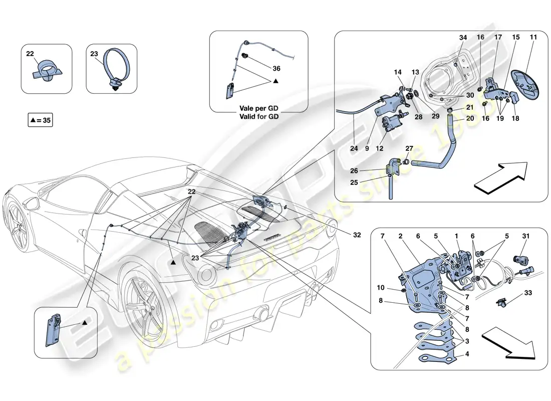 ferrari 458 speciale aperta (europe) mecanismos de apertura de la tapa del compartimiento del motor y de la tapón de llenado de combustible diagrama de piezas