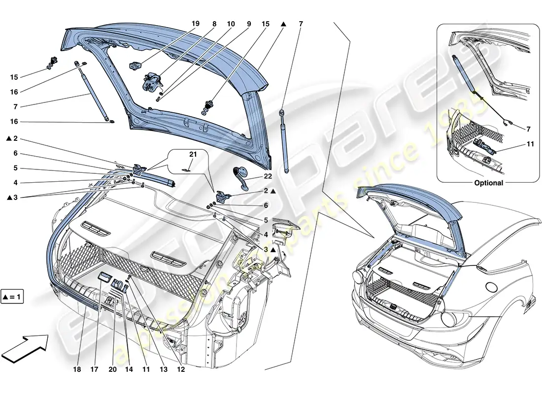 ferrari ff (europe) tapa trasera y mecanismo de apertura diagrama de piezas