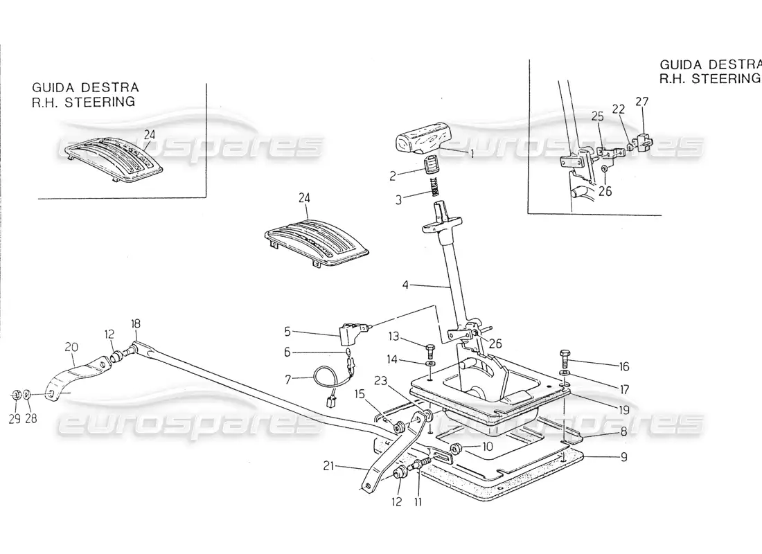 maserati 418 / 4.24v / 430 aparato mecánico. transmisión, diagrama de piezas de controles externos zf